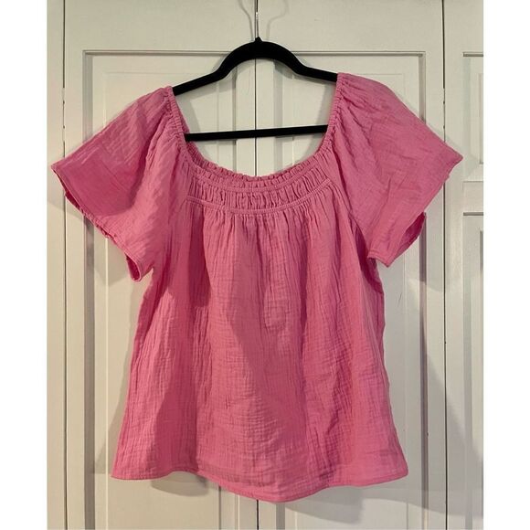 Time and Tru pink smocked neck flutter sleeve top small - Picture 2 of 7